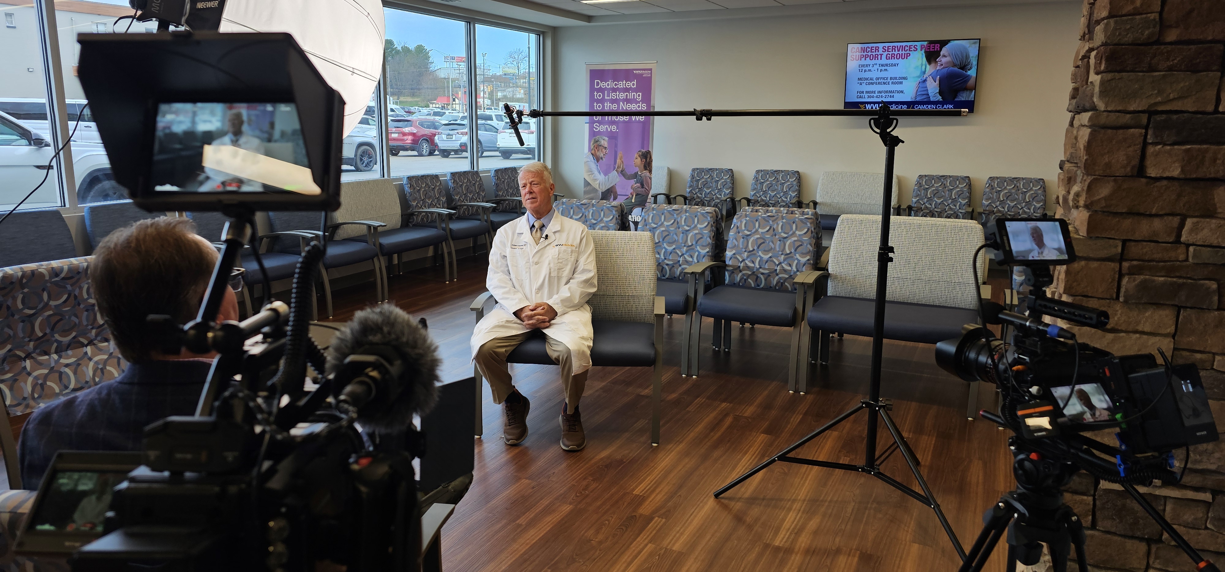 Healthcare interview production with a foreground camera